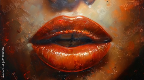 An artistically crafted oil painting, displaying kissable lips from a birds-eye view, with rich, warm colors and smooth, reflective texture, evoking a sense of softness and sensual appeal photo