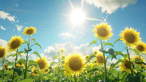 A field of sunflowers stretching towards the sun in a bright blue sky.