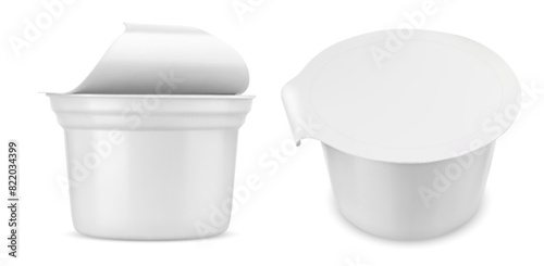 Plastic yogurt package with open cup 3d mockup. Realistic milk cream pot container with lid. White blank greek yougurt or dessert tub isolated vector template. Closed dairy bucket packaging design