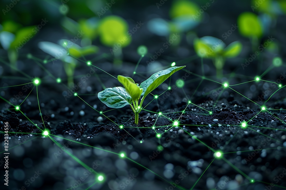 Young seedlings growing from soil with digital network concept, representing smart agriculture and technology integration in farming.
