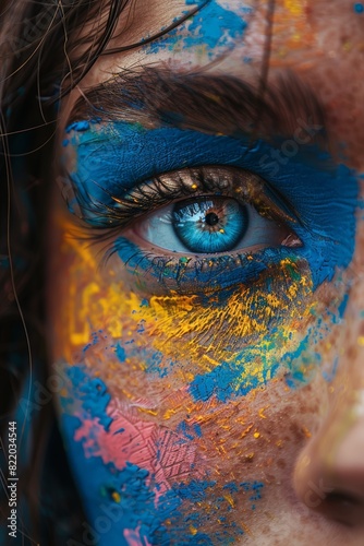 Womans face painted with blue and yellow