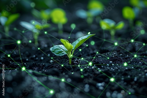 Obraz na płótnie Young seedlings growing from soil with digital network concept, representing smart agriculture and technology integration in farming. w salonie