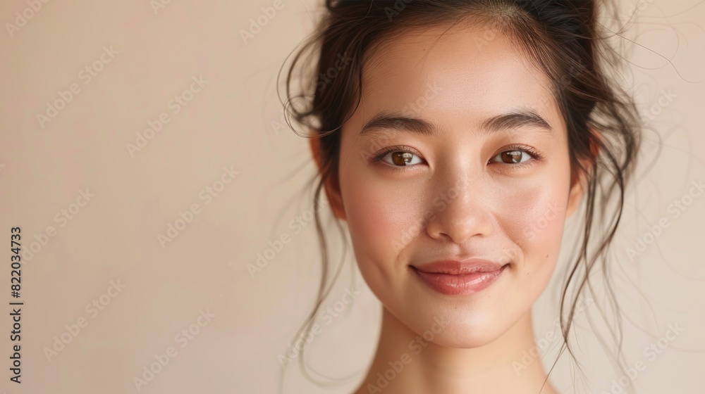 Portrait of beautiful young aisan woman on beige color background. Cosmetology, beauty, skincare concept. Portrait of beautiful young aisan woman on beige color background. Cosmetology, beauty, skincare concept.