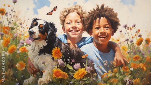 colourful painting of happy little boys and dog with swam of butterflies in flower meadow photo