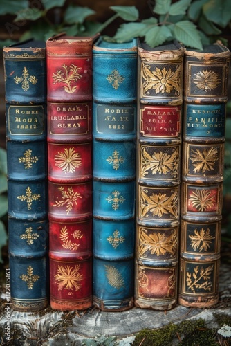 Row of books with various designs