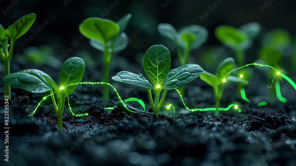 Young seedlings with glowing light trails emerging from soil at night, symbolizing growth, innovation, and futuristic agriculture. Young seedlings with glowing light trails emerging from soil at night, symbolizing growth, innovation, and futuristic agriculture.