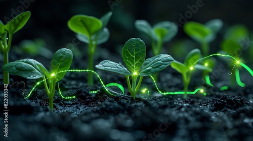 Young seedlings with glowing light trails emerging from soil at night, symbolizing growth, innovation, and futuristic agriculture.
