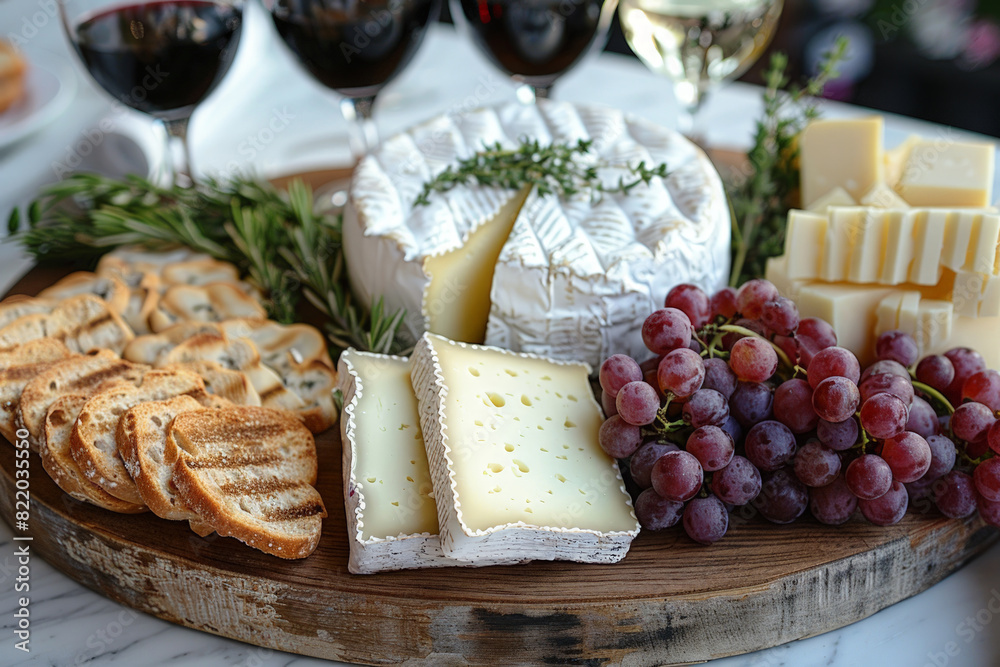 Platter of cheese, grapes, crackers, and wine glasses