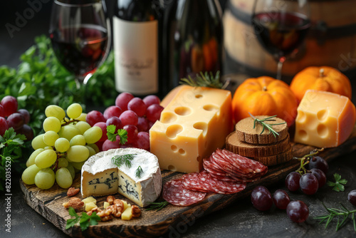 Assorted wine, cheese, and grapes on wooden board