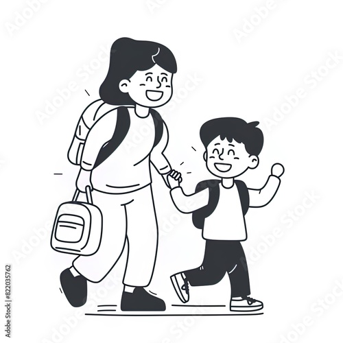 ui illustration of child going to school laughing with his mother, wintre, in the style of minimalist black line photo