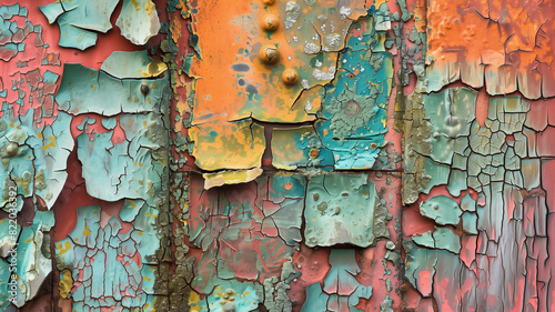 Close-up of colorful, peeling paint on a weathered surface creating a textured pattern.