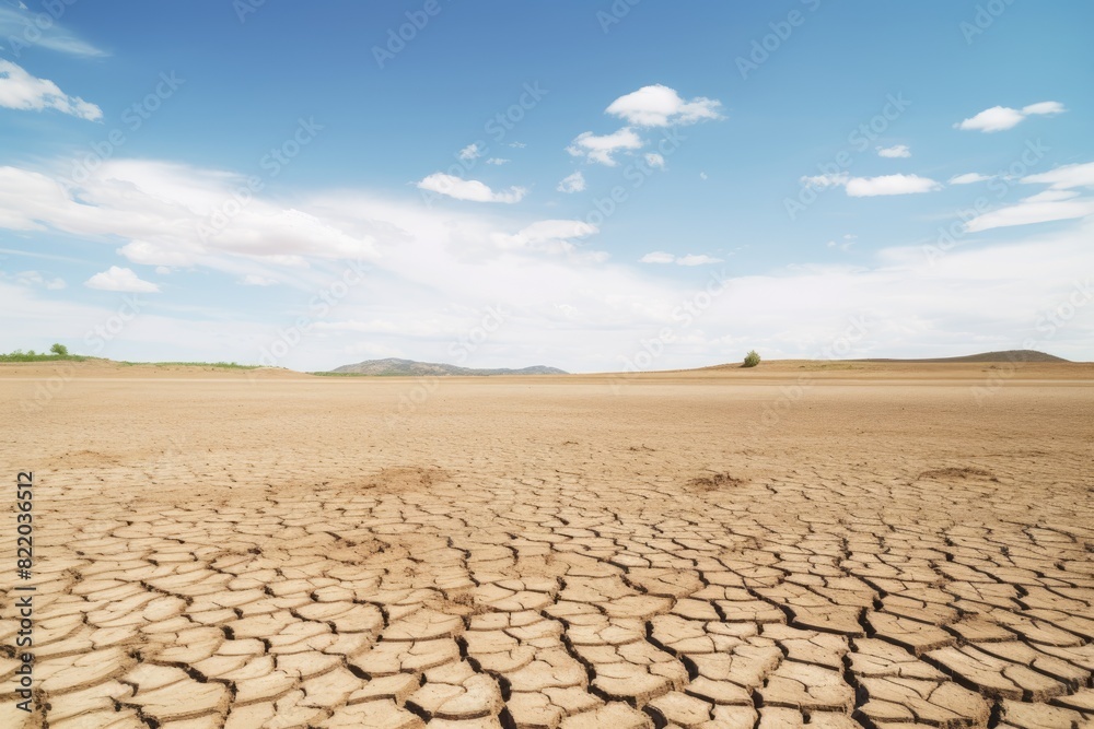 Wide-angle view of a desolate landscape with cracked soil stretching under a partly cloudy sky. Cracked Earth Under Cloudy Expanses Wide-angle view of a desolate landscape with cracked soil stretching under a partly cloudy sky. Cracked Earth Under Cloudy Expanses