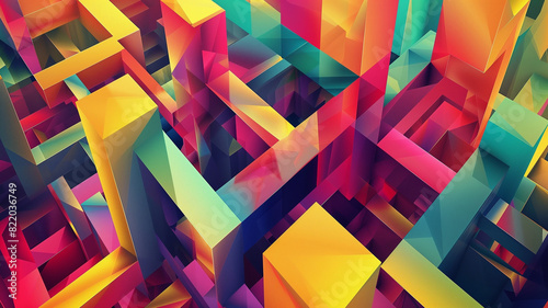 Abstract geometric artwork with overlapping colorful shapes and facets.