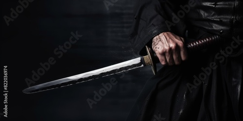 The samurai holding a Japanese katana sword, banner. Photo of a warrior dressed in black clothes in low key with copy space for text