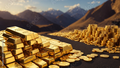 There are many gold bars and coins scattered on the ground with a mountain landscape in the background.

 photo
