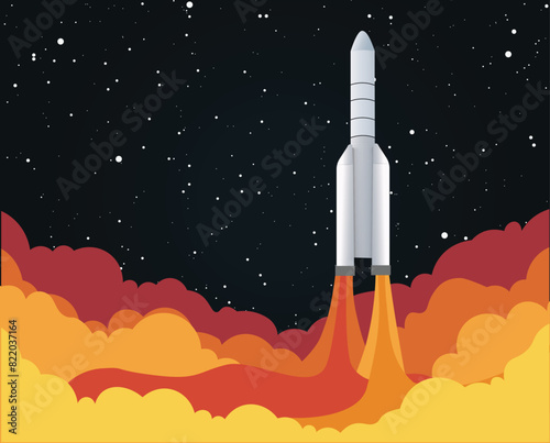 China's Long March rocket launches into space | starting space rocket with smoke clouds on dark night sky background.	