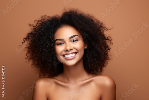 Brown background Happy black independant powerful Woman realistic person portrait of young beautiful Smiling girl Isolated on Background ethnic diversity equality 