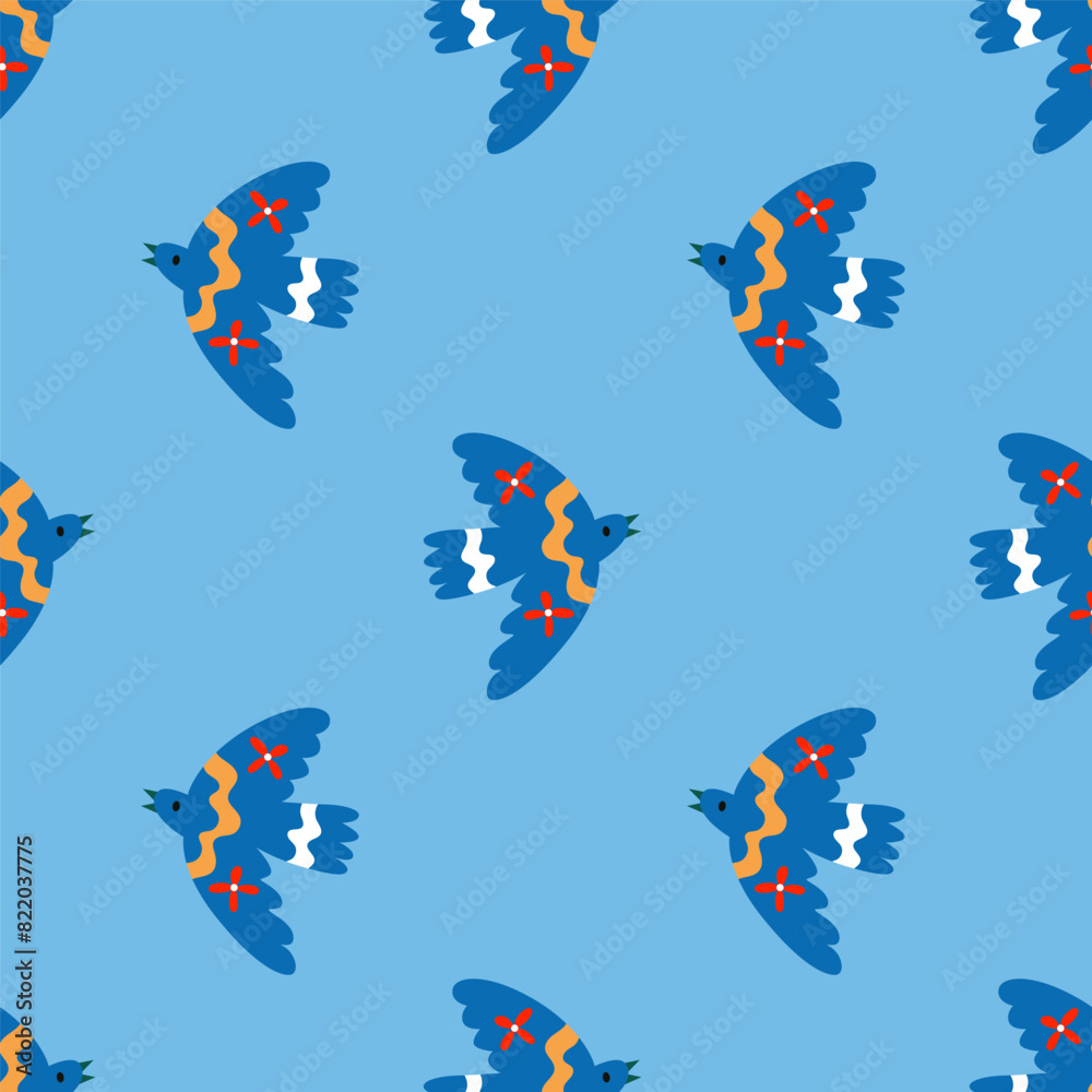 Seamless pattern with blue birds on light blue background. Modern folk themed background. Vector illustration Seamless pattern with blue birds on light blue background. Modern folk themed background. Vector illustration