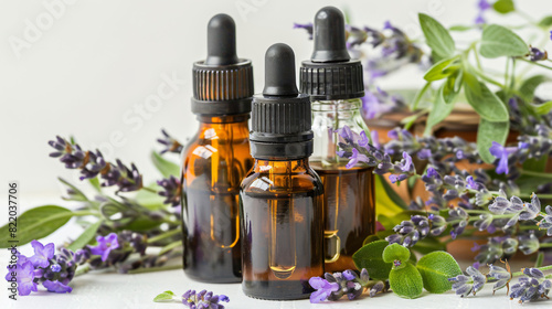 Bottles with natural lavender oil and flowers on white