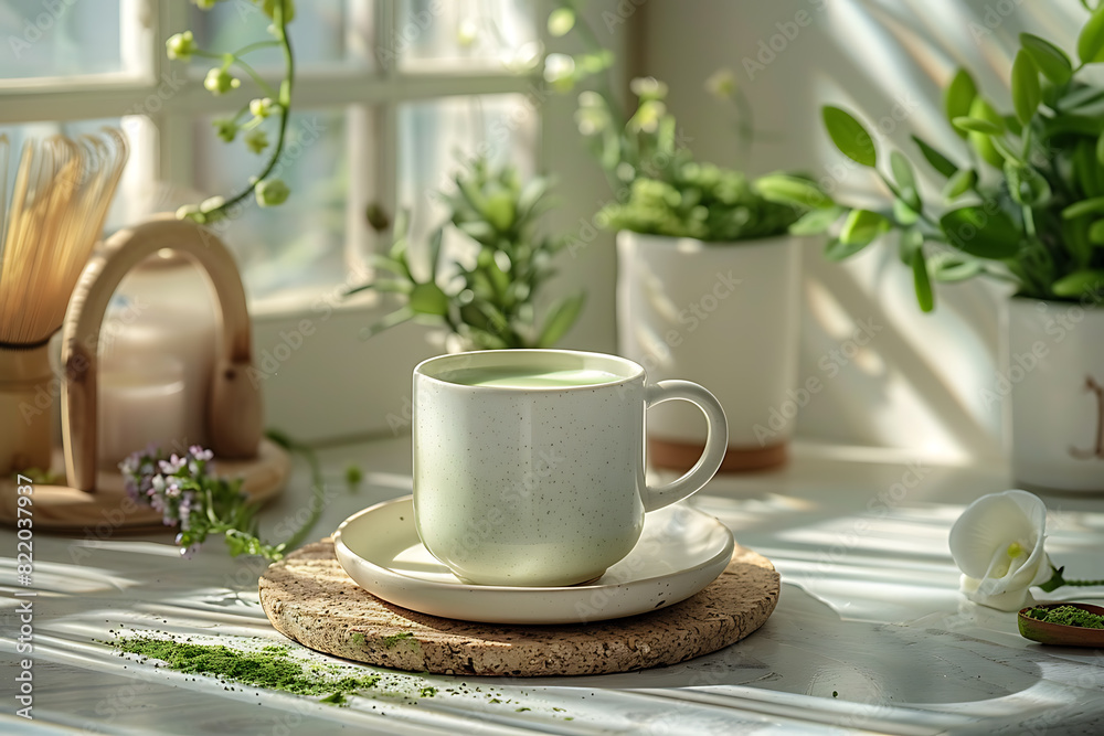 In a bright kitchen, matcha tea with milk is being prepared in a white cup on the table, with the vibrant green tea contrasting beautifully against the cup In a bright kitchen, matcha tea with milk is being prepared in a white cup on the table, with the vibrant green tea contrasting beautifully against the cup