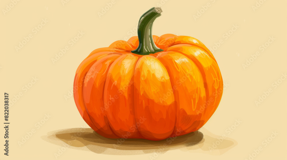 Detailed illustration of a bright orange pumpkin, showcasing its round shape and stem on a light background.