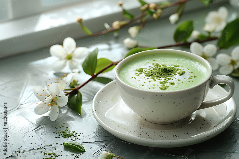 In a bright kitchen, matcha tea with milk is being prepared in a white cup on the table, with the vibrant green tea contrasting beautifully against the cup In a bright kitchen, matcha tea with milk is being prepared in a white cup on the table, with the vibrant green tea contrasting beautifully against the cup