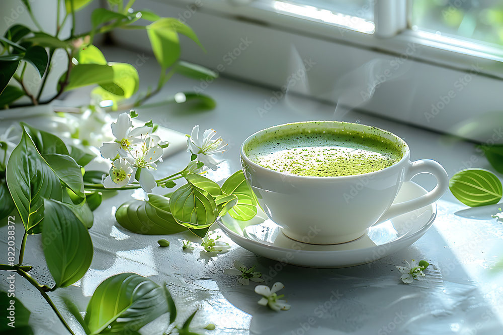 In a bright kitchen, matcha tea with milk is being prepared in a white cup on the table, with the vibrant green tea contrasting beautifully against the cup In a bright kitchen, matcha tea with milk is being prepared in a white cup on the table, with the vibrant green tea contrasting beautifully against the cup