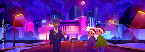Two kids in Santa hats and police officer with thumbs up hand gesture standing in front of large mall in city night with neon glow. Cartoon vector illustration of guard and protection in town.
