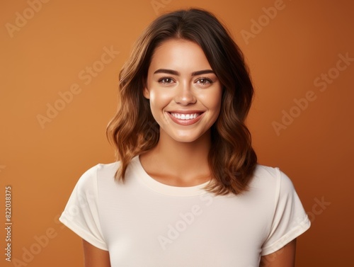 Brown background Happy european white Woman realistic person portrait of young beautiful Smiling Woman Isolated on Background ethnic diversity equality 