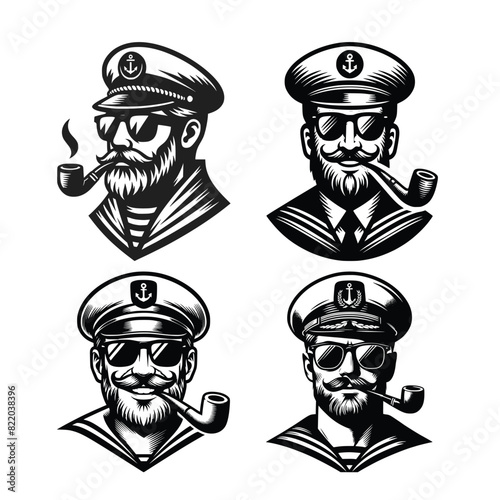 captain sailor with a pipe set character illustration