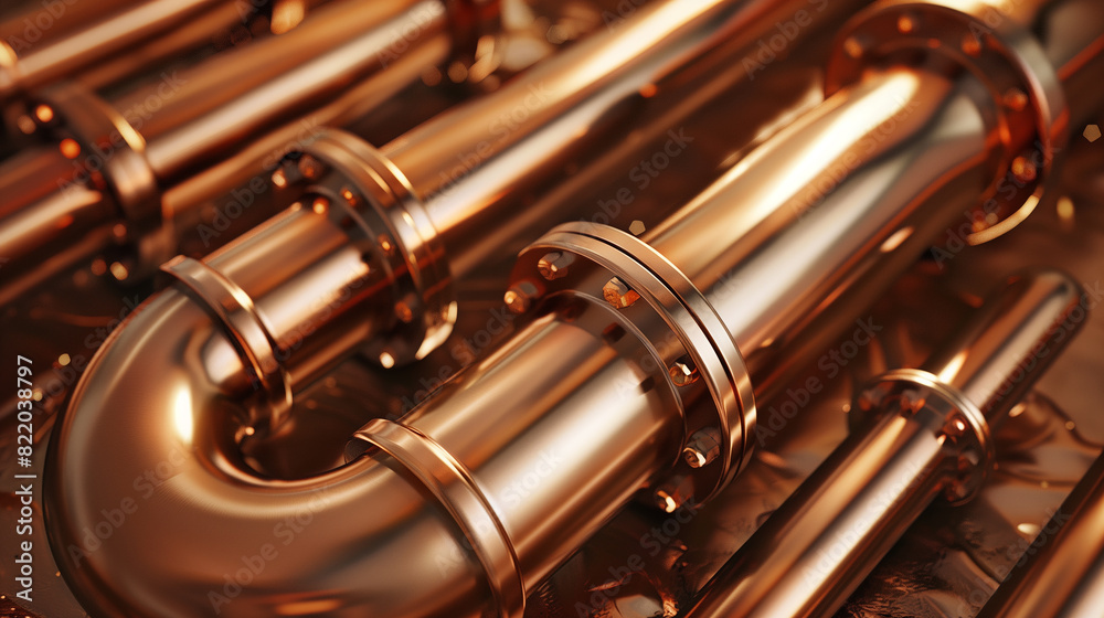 Naklejka premium A row of copper pipes are shown in a close up. The pipes are shiny and metallic, and they appear to be connected to one another. Concept of craftsmanship and attention to detail