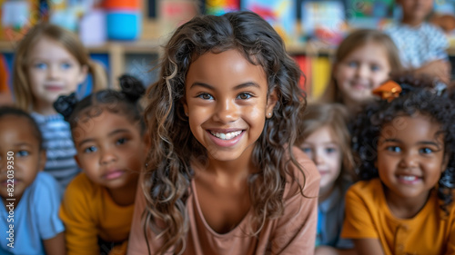  Smiling girl with curly hair in a colorful classroom with other children