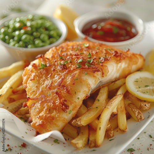 a classic golden crispy batter of fish and chips served alongside a serving of mushy green peas