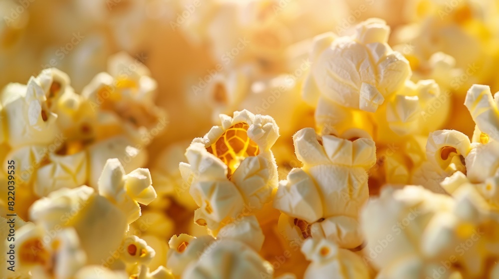 Gourmet popcorn at cinema, close-up of buttery texture, movie night essential. Gourmet popcorn at cinema, close-up of buttery texture, movie night essential.