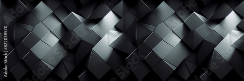 Dark abstract panoramic background. Modern futuristic mosaic pattern of various geometric shapes and polygons. Wide rough texture background with seamless pattern. Perfect for design. Generative AI.