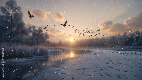 A flock of birds flying over a frozen lake during a snowstorm at sunset photo