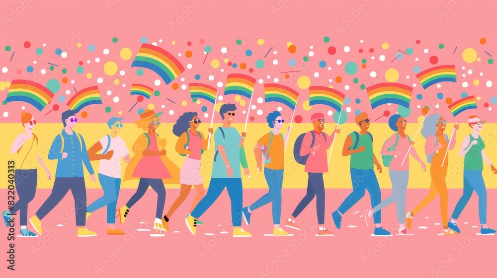 2D vector cartoon of LGBTQ individuals marching in a pride parade with minimalistic design elements and pastel colors Generative AI 2D vector cartoon of LGBTQ individuals marching in a pride parade with minimalistic design elements and pastel colors Generative AI