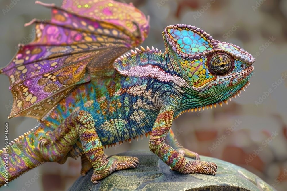 Obraz premium A vibrant chameleon perched on a rock. Suitable for nature and wildlife themes