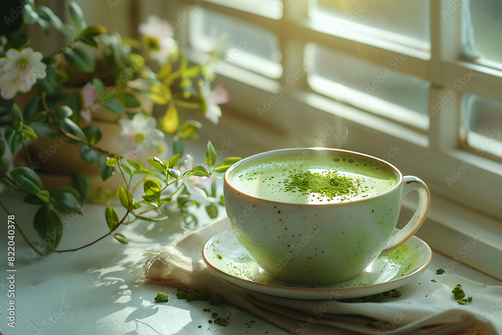 In a bright kitchen, matcha tea with milk is being prepared in a white cup on the table, with the vibrant green tea contrasting beautifully against the cup In a bright kitchen, matcha tea with milk is being prepared in a white cup on the table, with the vibrant green tea contrasting beautifully against the cup