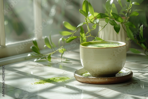 In a bright kitchen, matcha tea with milk is being prepared in a white cup on the table, with the vibrant green tea contrasting beautifully against the cup © Evhen Pylypchuk