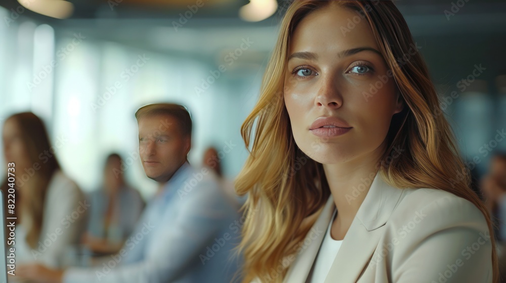 Sitting at a conference table, a poised and articulate young businesswoman delivers a captivating presentation to a group of attentive colleagues. Sitting at a conference table, a poised and articulate young businesswoman delivers a captivating presentation to a group of attentive colleagues.