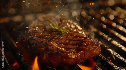 A closeup capturing a sizzling steak on a hot grill, showing caramelization and grill marks forming as flames cook the meat photo