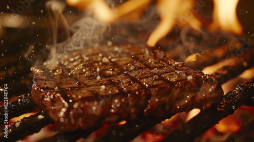 A steak is cooking on a grill, with flames licking the meat, creating caramelization and grill marks photo