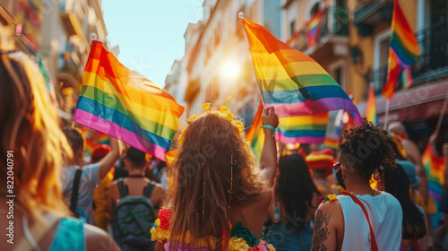 A vibrant parade with participants waving rainbow flags and wearing colorful outfits, celebrating LGBTQ Pride Month on a sunny city street photo