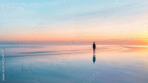 A person standing on a body of water during sunset