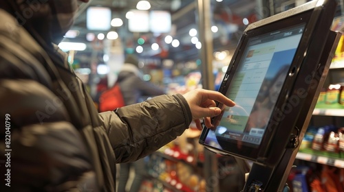 A customer using a tablet at a self-checkout kiosk in a store to scan a product barcode