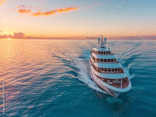 A luxurious yacht glides through serene azure waters at sunset, conveying tranquility, freedom, and sophistication photo