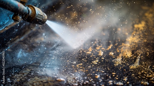 A detailed view of a fire extinguisher releasing a stream of water to extinguish flames photo