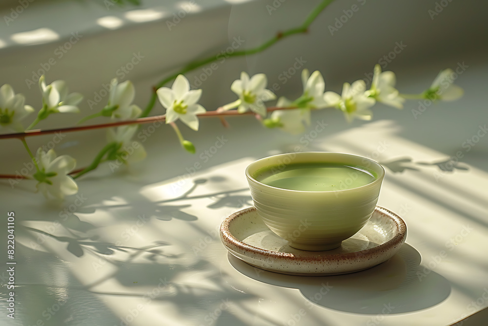 In a bright kitchen, matcha tea with milk is being prepared in a white cup on the table, with the vibrant green tea contrasting beautifully against the cup In a bright kitchen, matcha tea with milk is being prepared in a white cup on the table, with the vibrant green tea contrasting beautifully against the cup
