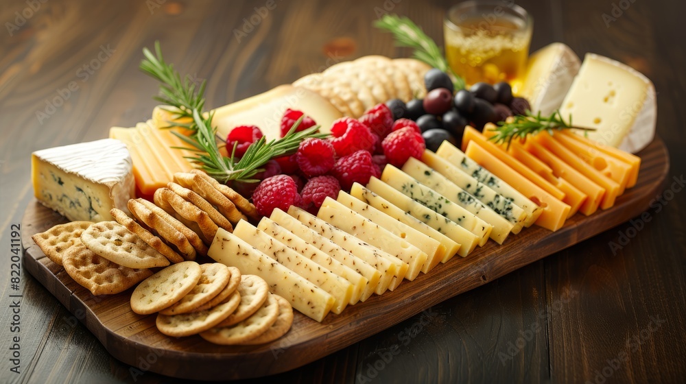 A selection of gourmet cheeses, crackers, and fresh berries elegantly arranged on a platter